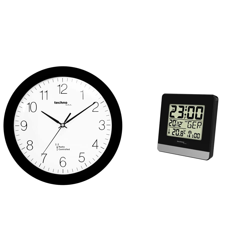 Technoline, WT 8000 Funk-Wanduhr, Ø 30cm, Schwarz & Funkwecker WT 260, 79 x 79 x 30 mm Schwarz Bundl