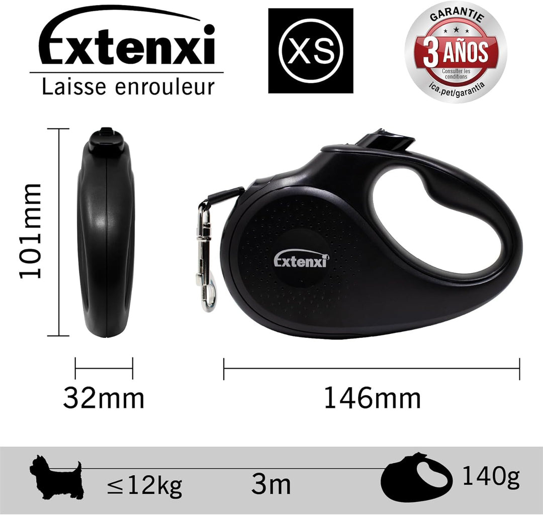 ICA Hundeleine, einziehbar, bis 12 kg, Länge 3 m, ergonomischer und sicherer Griff (Schwarz, XS) Sch