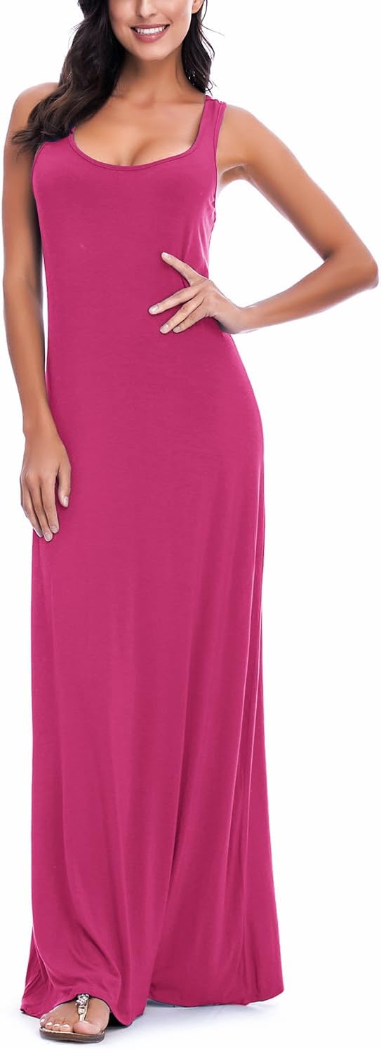 EXCHIC Damen Sommer Leichte Ärmellos Strand Maxi Kleid Elegant Elastisch Tunika Lang Kleider M Rosa,