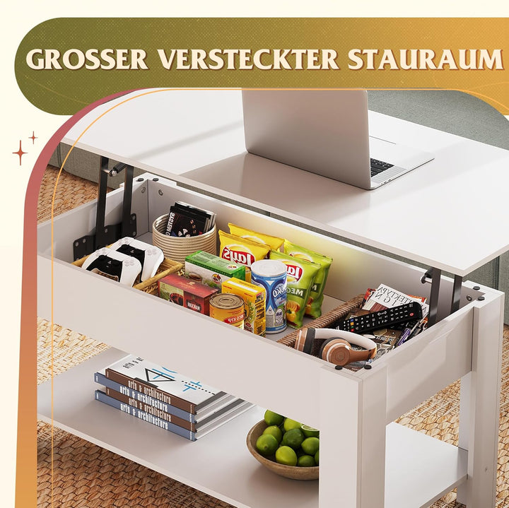 WLIVE Höhenverstellbarer Couchtisch mit Ablage, Wohnzimmertisch Rechteckig mit Offener und versteckt