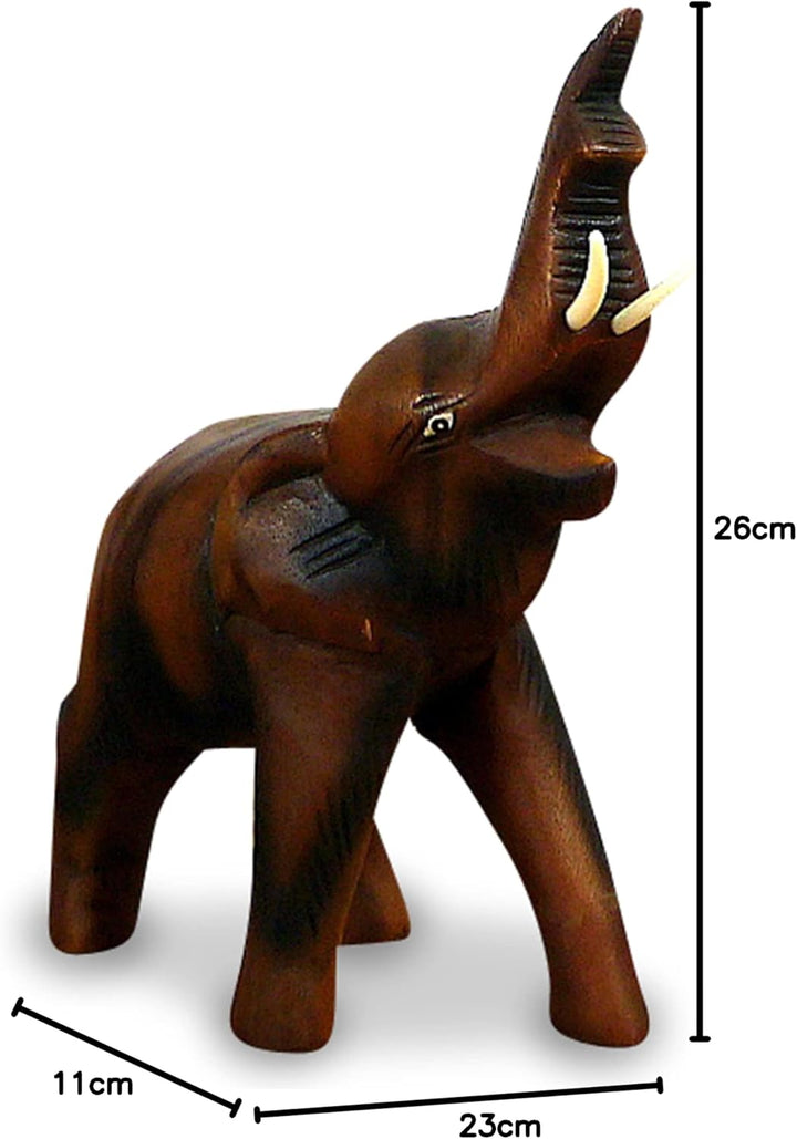 livasia Holzelefant (Rüssel Oben) Tierskulptur aus Massivholz, Holzfigur (Kleiner Elefant), kleiner