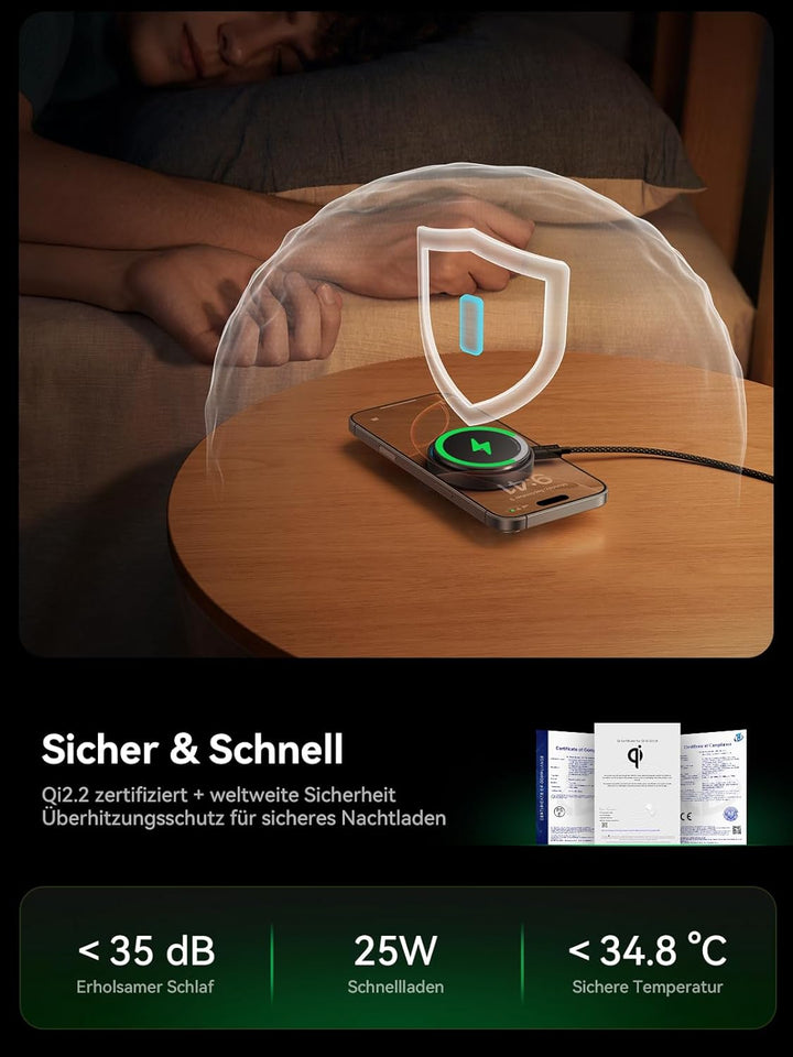 THREEKEY Magnetisches Wireless Ladegerät 25W, Qi2-kompatible Induktive Ladestation mit Kühlventilato