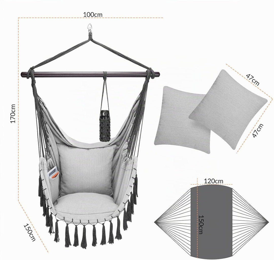 DETEX® Hängesessel bis 150kg Belastbar mit Flaschenhalter Boho Stil Wetterfest Garten 360° Drehbar G