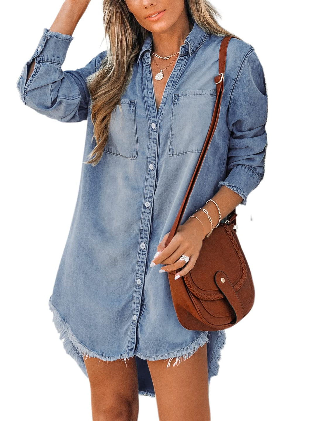 CUPSHE Damen Jeanshemd V Ausschnitt Knopfleiste Brusttaschen Asymmetrisch Jeansbluse Hemdblusen Deni