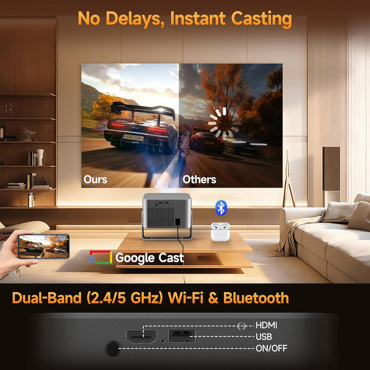 Alwtniet Beamer 4k Mit Google TV, Native Full Hd 1080p Mini Projector Heimkino Bluetooth WiFi Klein