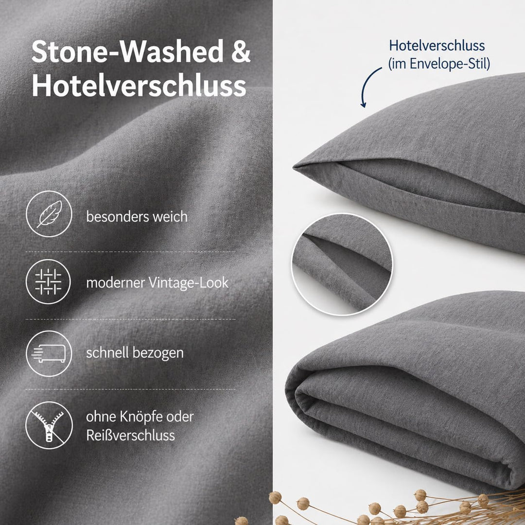 Blue Moon Leinenbettwäsche stone-washed 140x200+70x90cm, 2-tlg, sehr hochwertig, 100% Naturfaser Lei