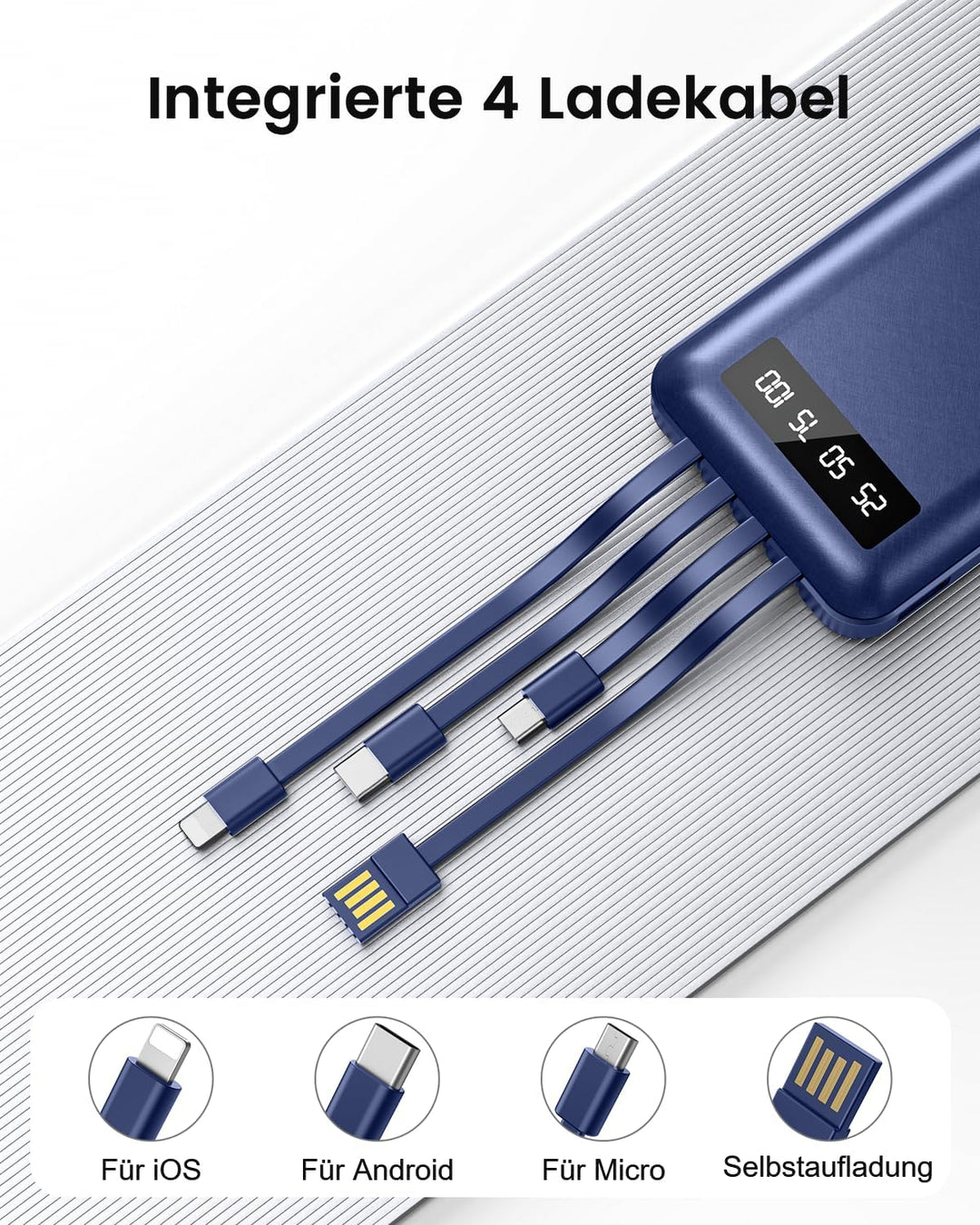 Powerbank 26800mAh mit 4 Integrierten Kabel, 22.5W Power Bank USB C Schnellladefunktion mit LED Disp