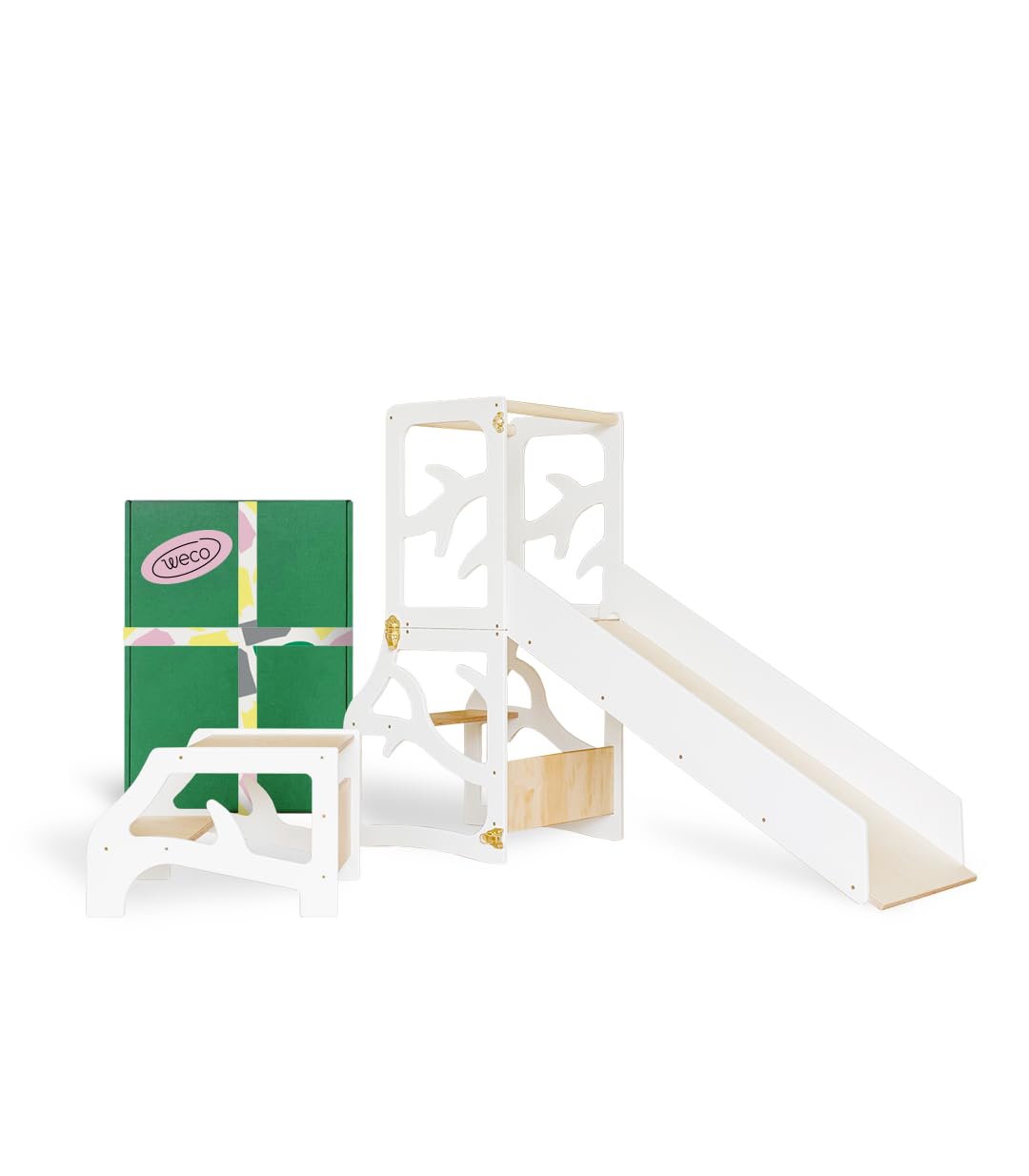 WECO Montessori Kinder Lernturm 3 in 1 Baum Design mit Rutsche und Tritthocker FSC Zertifikat Schrei