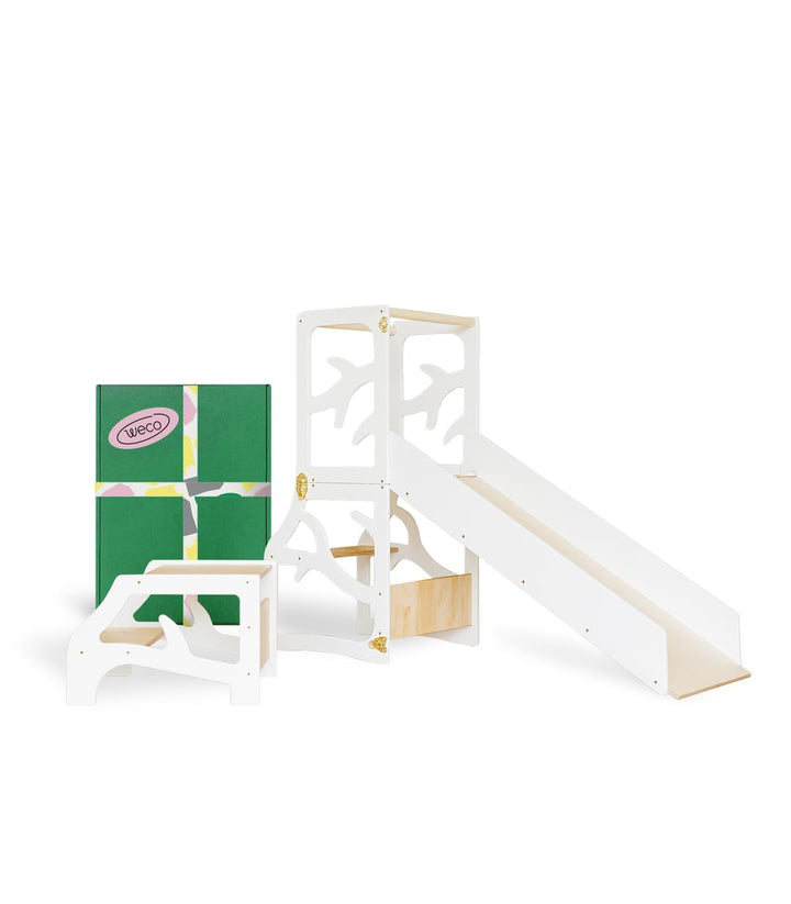 WECO Montessori Kinder Lernturm 3 in 1 Baum Design mit Rutsche und Tritthocker FSC Zertifikat Schrei
