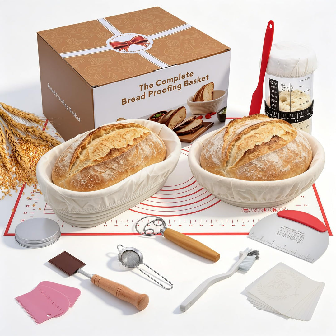 DARDVORLAG Sauerteig Starter Set,15 Teilig Gärkörbchen Brot Set mit Oval & Rund Gärkorb,Teigschaber,