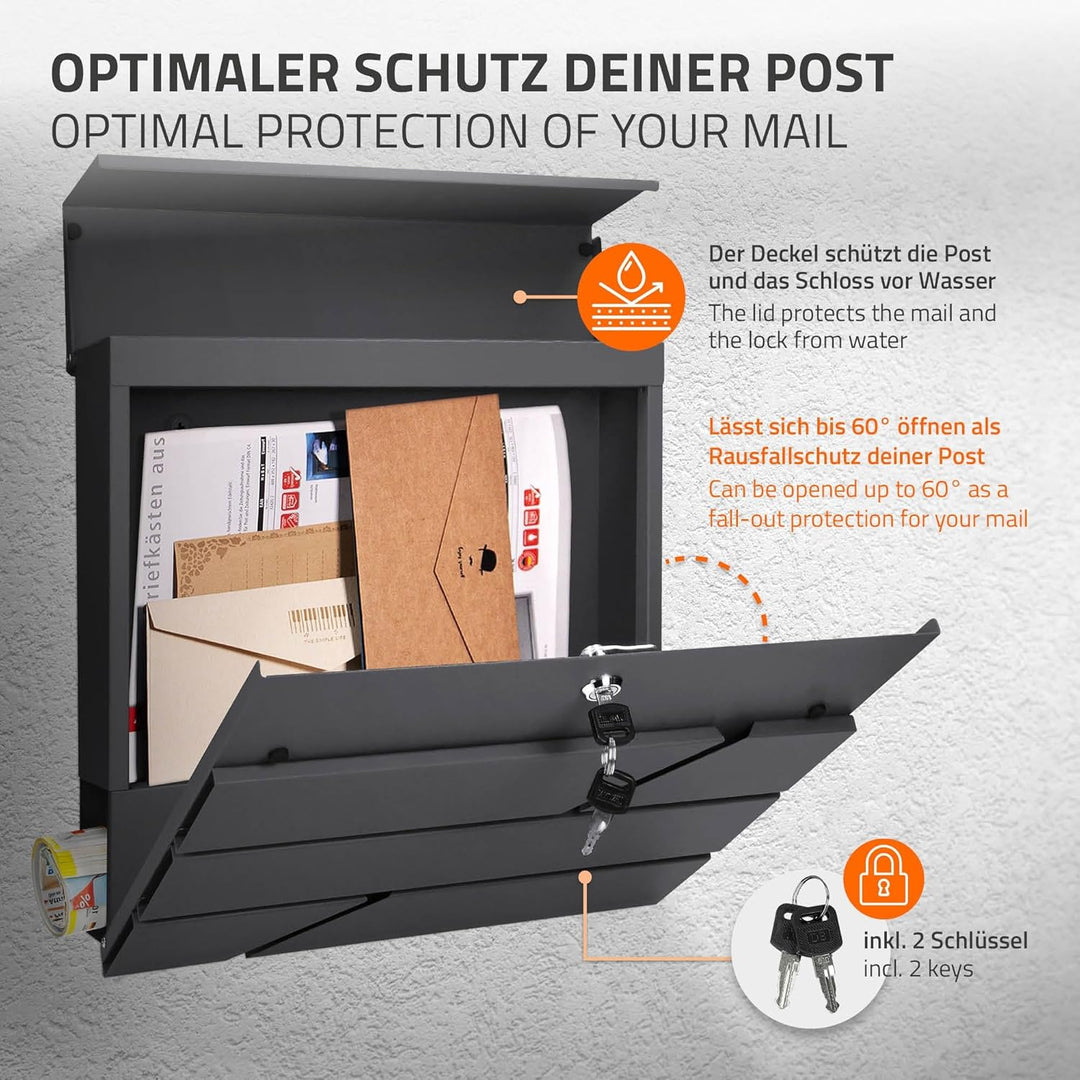 ECD Germany Briefkasten mit Zeitungsfach 37x11x37 cm aus Edelstahl pulverbeschichtet Anthrazit inkl.