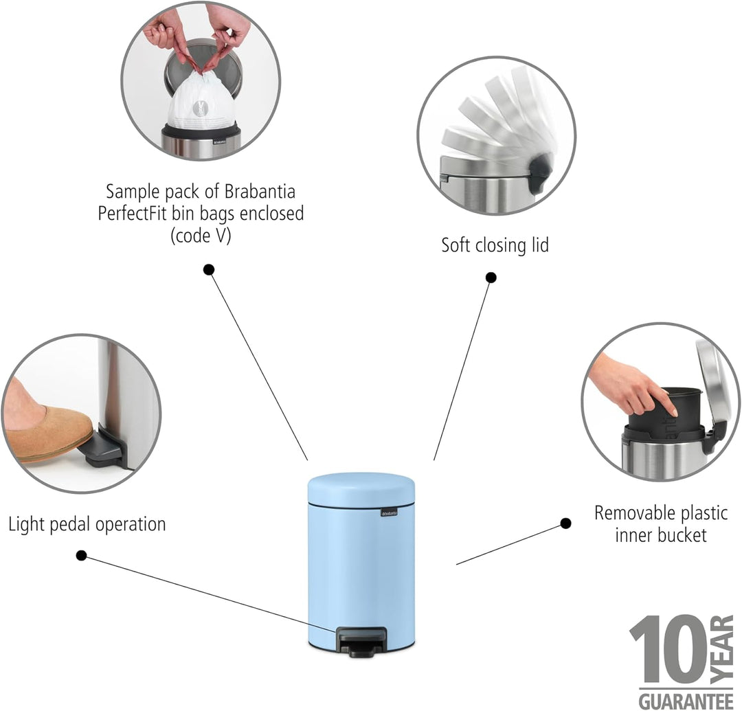 Brabantia - NewIcon Treteimer 3L - Kleiner Abfalleimer für Bad oder Toilette - Sanft Schliessender D