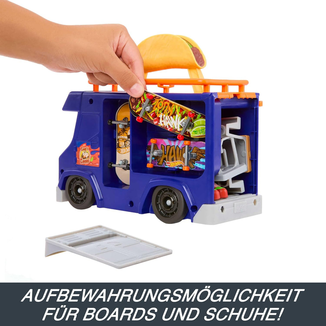 Hot Wheels Skate Taco-Truck Spielkoffer - Mit herausziehbarem Geländer für Coole Skate-Tricks, inklu