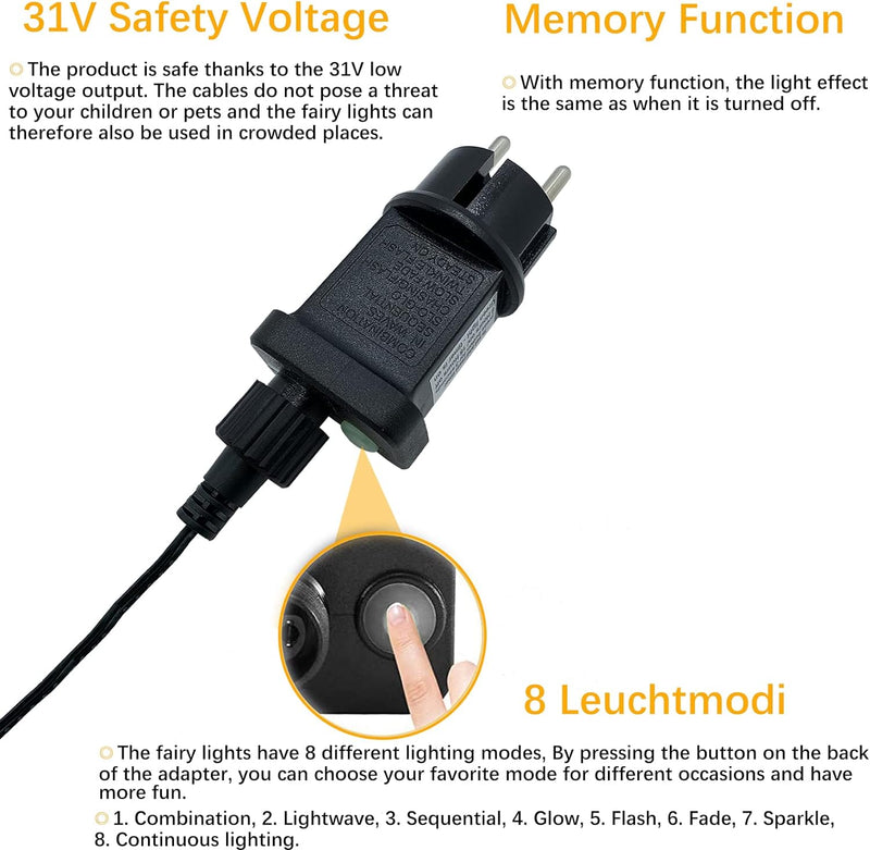 MOLVCE LED Lichterkette aussen und innen Warmweiss Weihnachtsbeleuchtung Lichterkette mit 8 Leuchtmo
