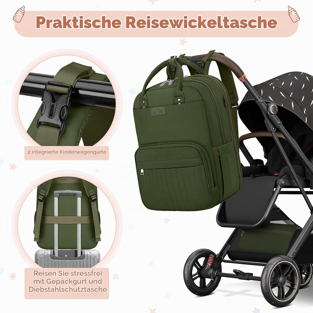 RAINSMORE Baby Wickelrucksack Gross Wickeltasche Rucksack mit Kinderwagengurten und Wickelunterlage