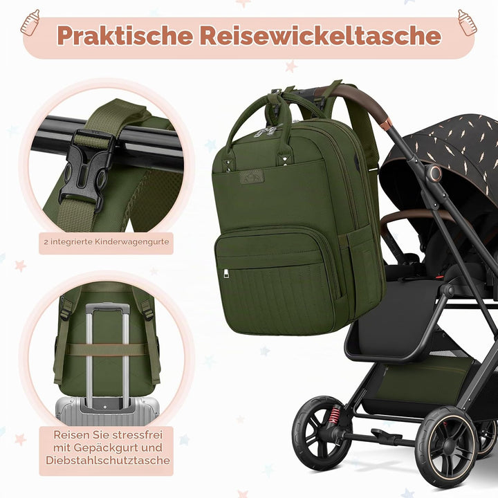 RAINSMORE Baby Wickelrucksack Gross Wickeltasche Rucksack mit Kinderwagengurten und Wickelunterlage