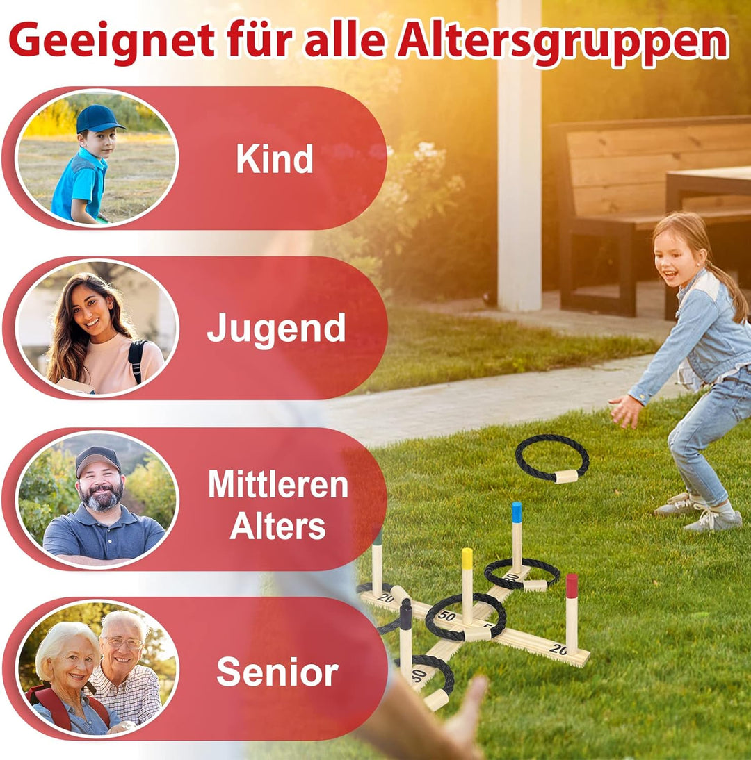Aufun Ringwurfspiel aus Holz Wurfspiel Set mit 5 Wurfringe und 5 Spielstäben, Holzspiel Gartenspielz