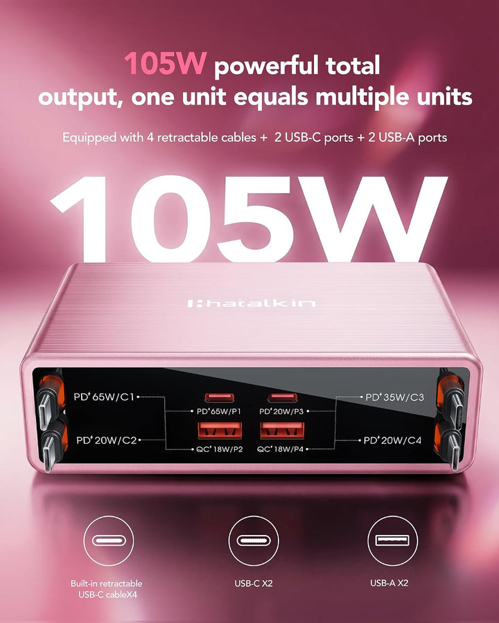 8 in 1 Retractable Charger USB C Ladegerät,105W Ladestation Mehrere Geräte Rosa 65W Kabel für 4 Typ