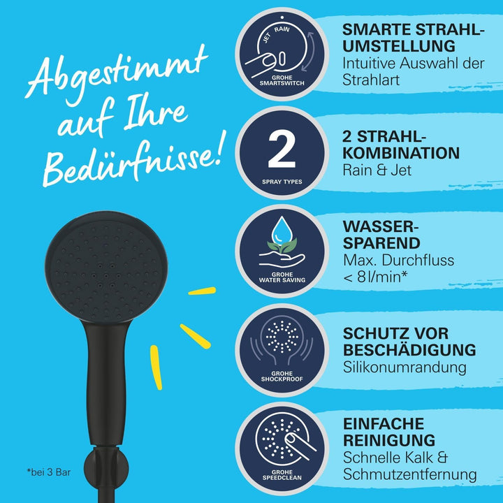 GROHE Vitalio 110, Duschkopf mit Schlauch und Halterung, wassersparend, 8l pro Min (Handbrause 2 Str