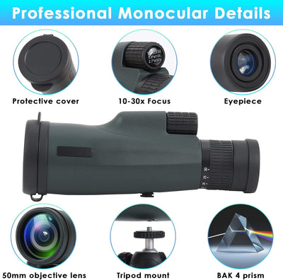 Optischer Zoom Monokular Teleskop 10-30x50, HD Monokular Fernrohr Wasserdichtes mit Smartphone Halte