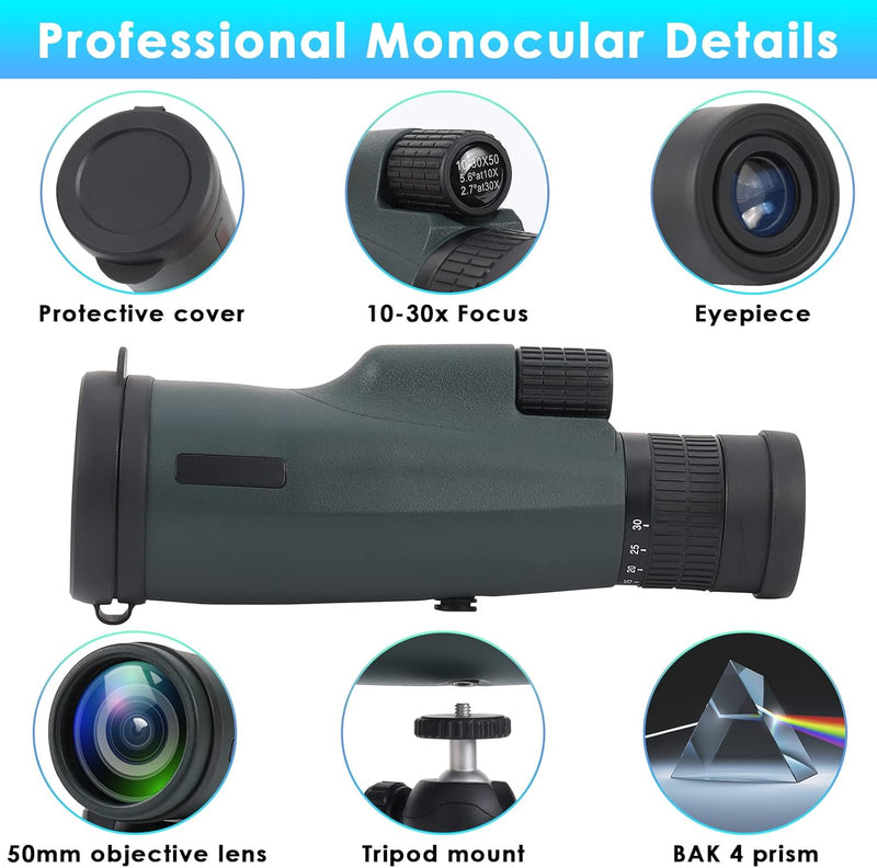 Optischer Zoom Monokular Teleskop 10-30x50, HD Monokular Fernrohr Wasserdichtes mit Smartphone Halte