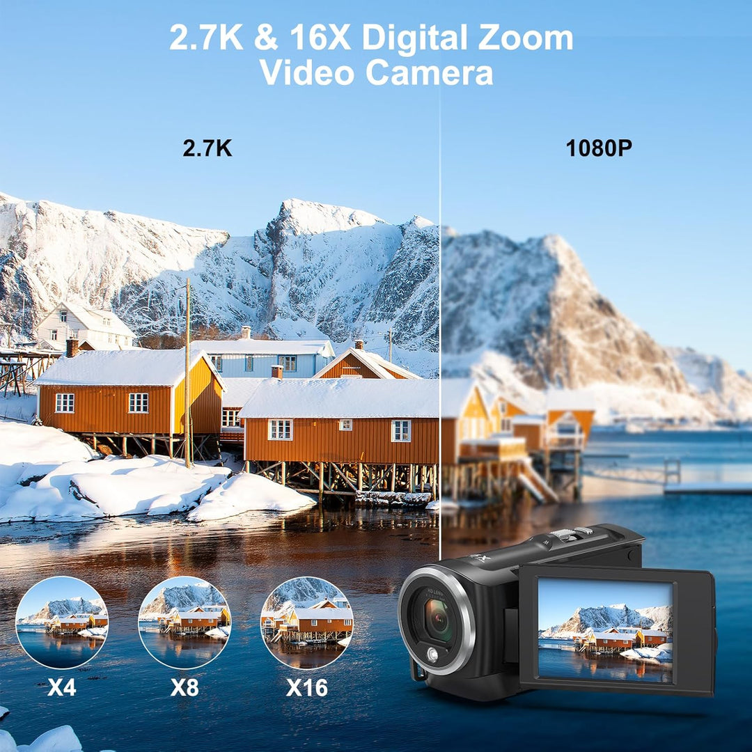 Videokamera 2.7K 56MP Camcorder 16X Digitalzoom Vlogging Camera mit LED-Fülllicht für YouTube, 2.8"