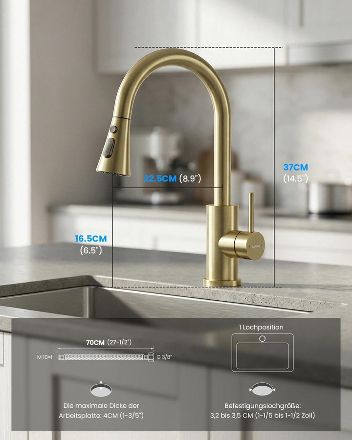 DAYONE Gold Niederdruck Küchenarmatur, SUS304 Edelstahl Wasserhahn Küche mit Ausziehbarer 3-Strahl-B