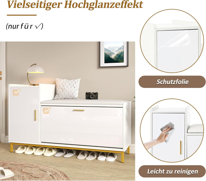Merax Schuhschrank 100 × 38 × 68 cm mit Sitzbank &amp; Stauraum, Hochglanz Schuhregal mit 2 Klappfächern