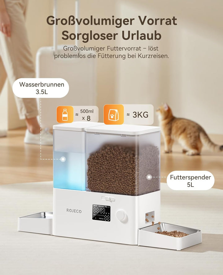 Rojeco 2-in-1 Futterautomat und Wasserspender, 5L Trockenfutter Automat für Katzen mit 3.5L Wasserta