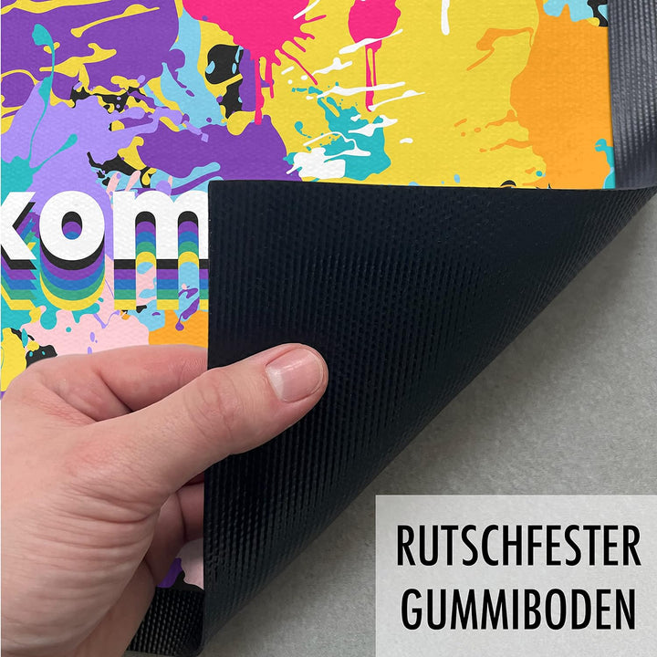 Trendation - Willkommen Regenbogen Bunte Grafik Fussmatte Geschenk Schöne Fussmatte Aussen und Innen