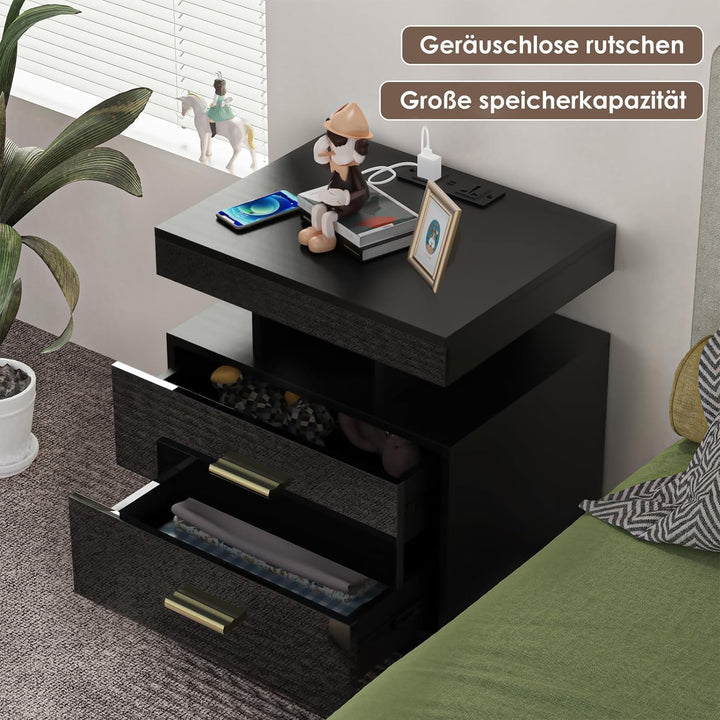 PIPIPOXER Nachttisch Schwarz 2er Set, Nachttisch mit LED, Nachtschrank mit Steckdose und Ladefunktio
