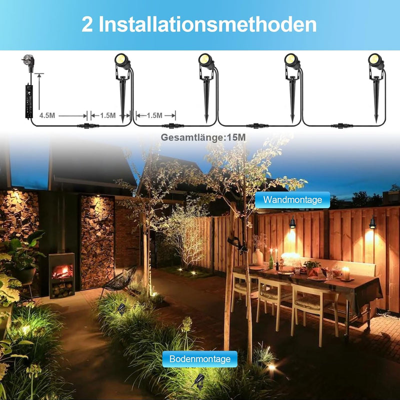 Greenclick Gartenbeleuchtung LED, 15m 4er Gartenstrahler mit Strom Erdspiess, 12V 3W 1200lm Gartenle