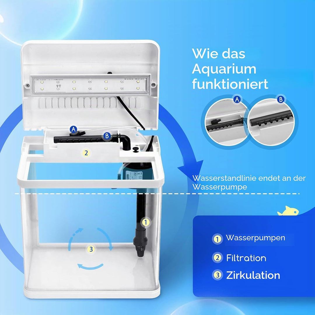 Nobleza - Nano-Fischtank-Aquarium mit LED-Leuchten & Filtersystem, tropischeAquarien, 14 Liter, Weis