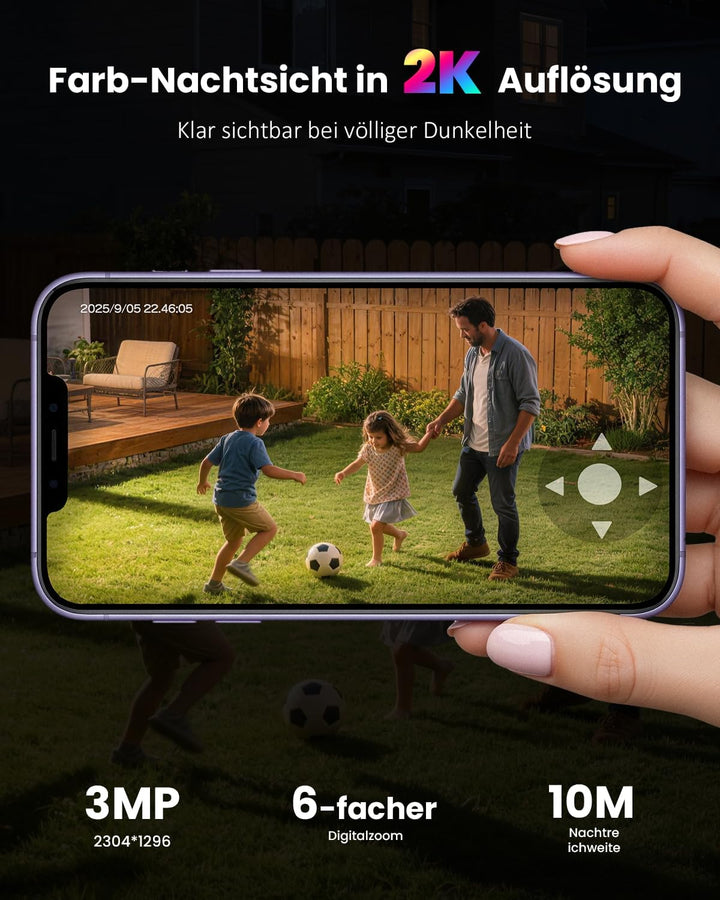 2K Überwachungskamera Aussen Solar, 360° PTZ WLAN Kamera Outdoor Kabellos mit abnehmbarem Solarpanel