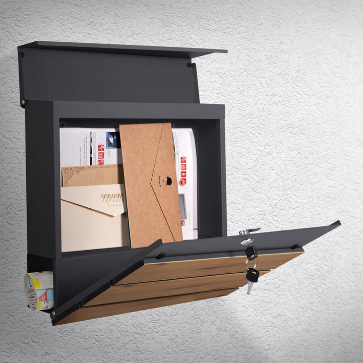 ML-Design Briefkasten Anthrazit/Holzoptik Eiche, aus Stahl, Postkasten mit Zeitungsfach, Abschliessb