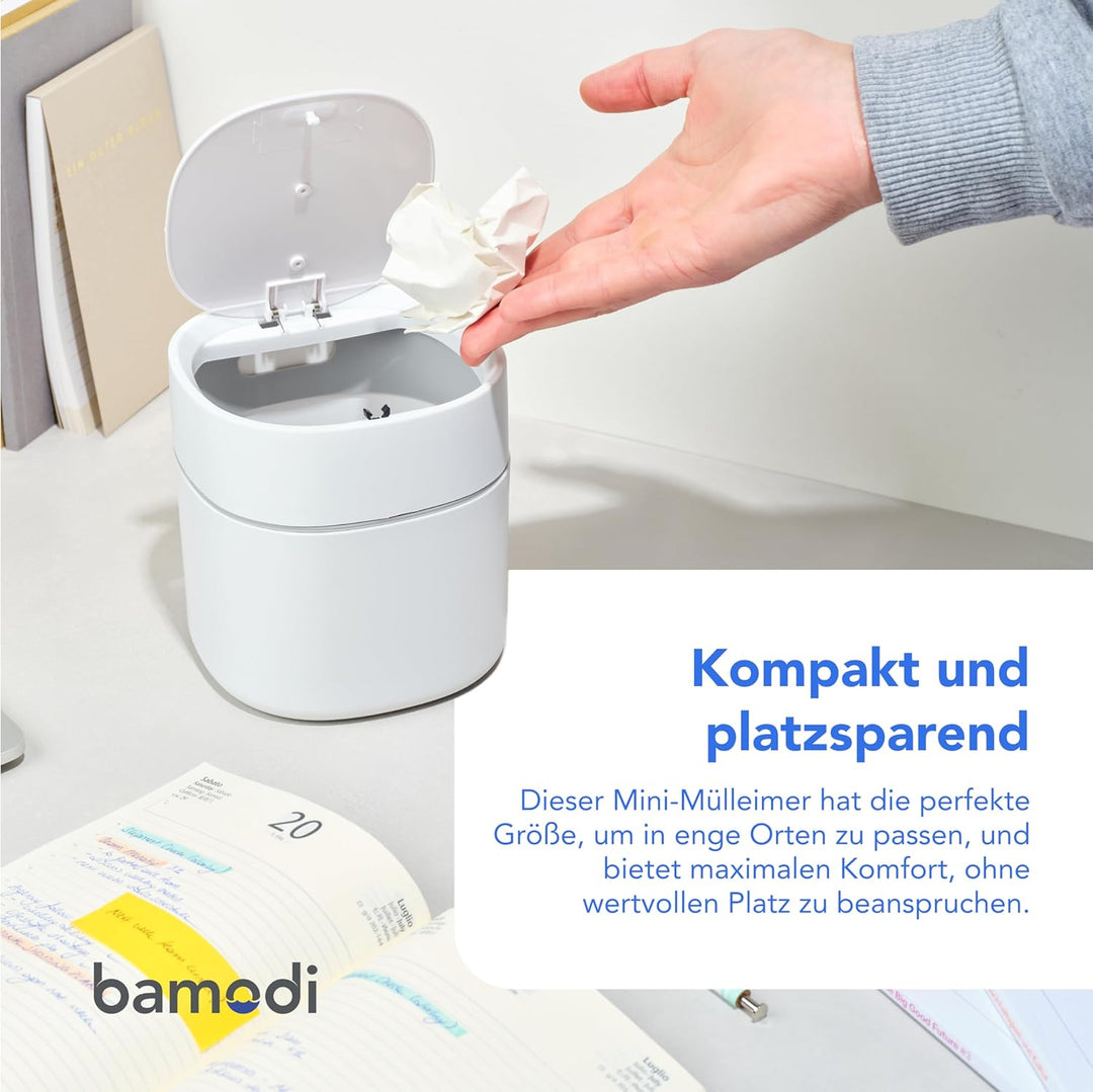 Bamodi Mini Mülltonnen 2L – Weisser Tischmülleimer mit Deckel für Snacks, Kosmetik, Küchenabfälle –