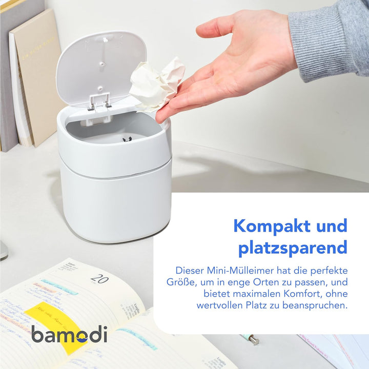 Bamodi Mini Mülltonnen 2L – Weisser Tischmülleimer mit Deckel für Snacks, Kosmetik, Küchenabfälle –