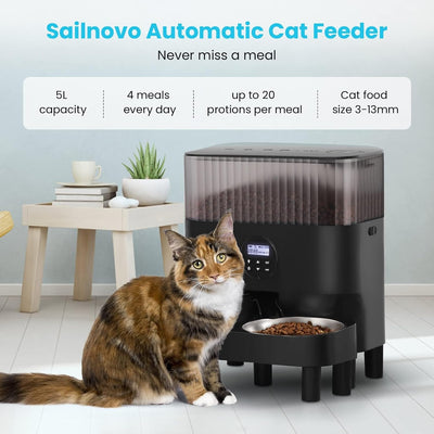 Sailvono Futterautomat Katzen & Hunde, 5L Automatischer Futterspender für Hunde mit Zwei Stahlschale