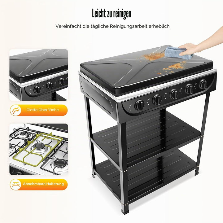 Gasherd 5 Flammen 2 5KW Propan Gaskochfeld Freistehend Outdoor Camping Kochfeld mit Ablageflächen un