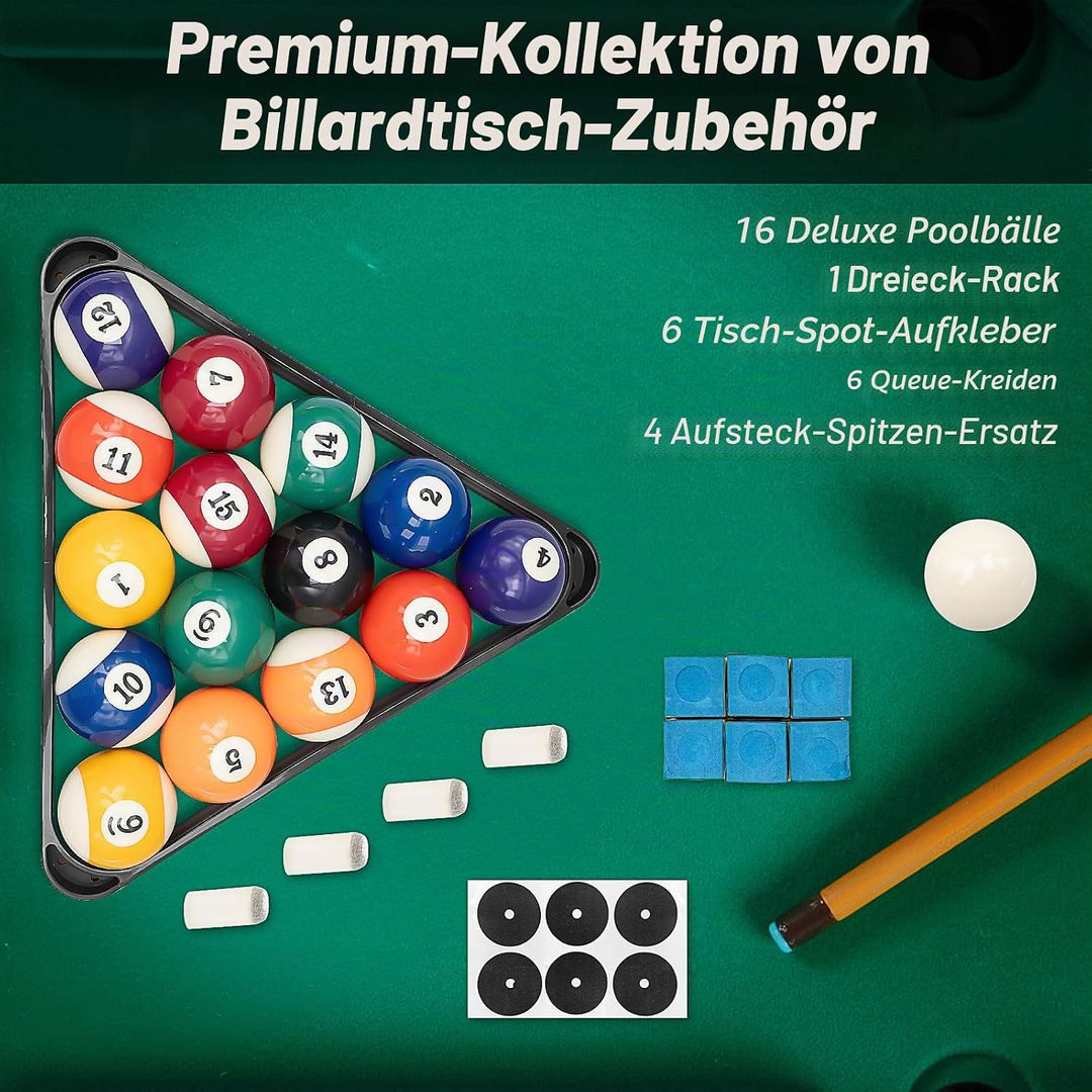 Billard Zubehör Set mit Kugeln, Dreieck, Kreide, Aufklebern &amp; Ersatzspitzen – Komplettes Pool Tisch