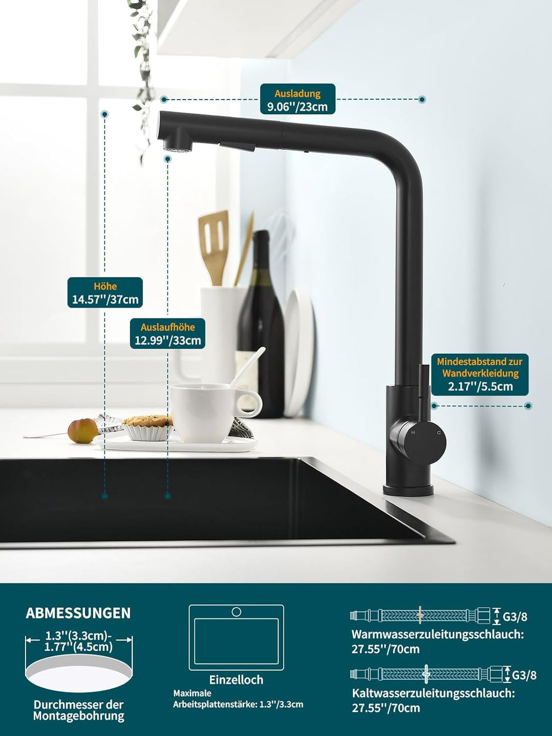 Wasserhahn Küche, Ausziehbare Küchenarmatur mit Sprühbrause aus Edelstahl und 2 Sprühfunktionen, 360