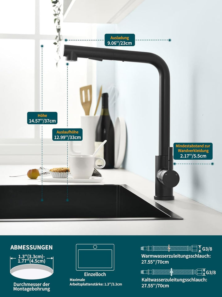 Wasserhahn Küche, Ausziehbare Küchenarmatur mit Sprühbrause aus Edelstahl und 2 Sprühfunktionen, 360