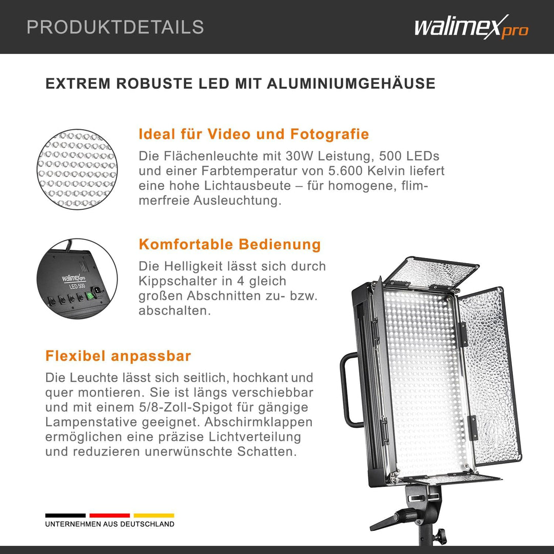 Walimex Pro LED 500 Flächenleuchte (inkl. 4 m Netzkabel, Diffusorplatte und Warmtonfilter), Leuchte