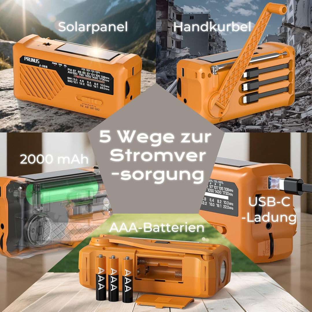 PRUNUS J-366 FM/AM/SW Kurbelradio Notfall Weltempfänger, Radio Batteriebetrieben oder 2000mAh Akku,
