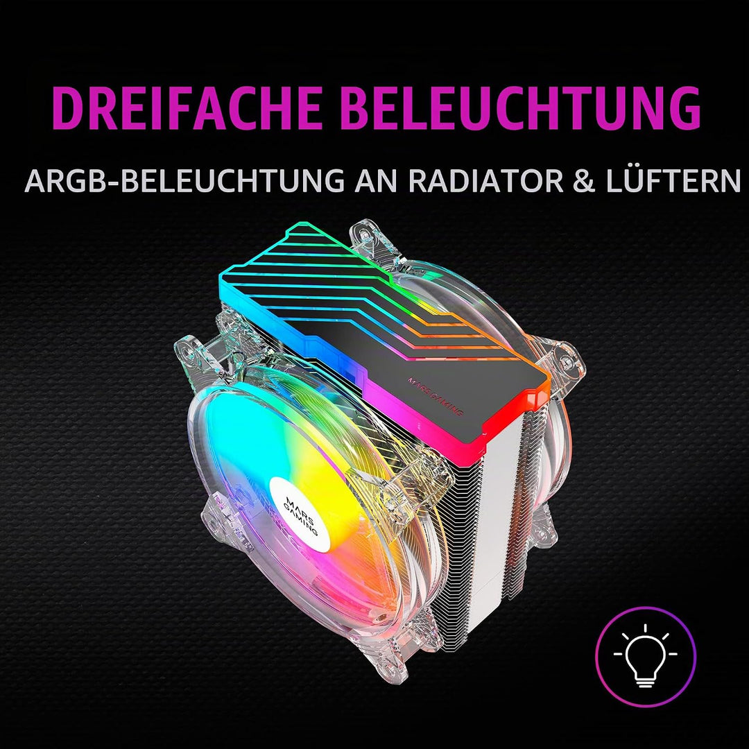 Mars Gaming MCPU66, Dreifach ARGB CPU Kühlkörper, 6 Heatpipes HCT, TDP 220W, 2 Lüfter 12cm, Schwarz,