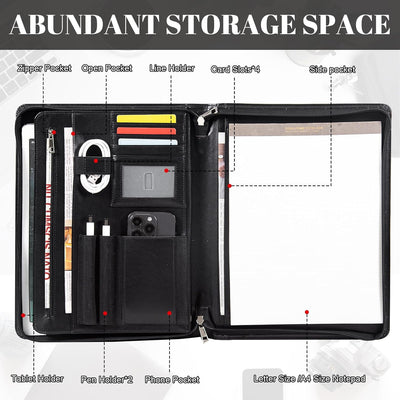 Calfinder Konferenzmappe A4 Leder, Aktenmappe a4 mit Reissverschluss, Schreibmappe Veganes Leder mit