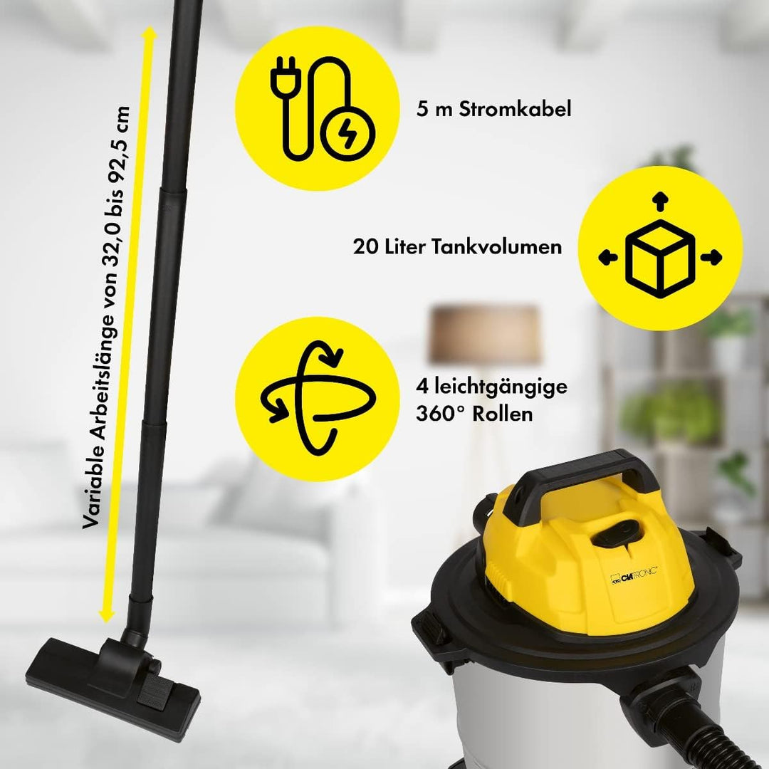 Clatronic Nass Trockensauger 3in1 Trockensauger Nasssauger und Gebläsefunktion, 20L Tank, extra lang