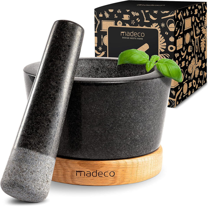 madeco Mörser mit Stössel Granit auf Holzsockel Eiche Ø 14,5 cm - Perfekt geeignet für Gewürze, Kräu