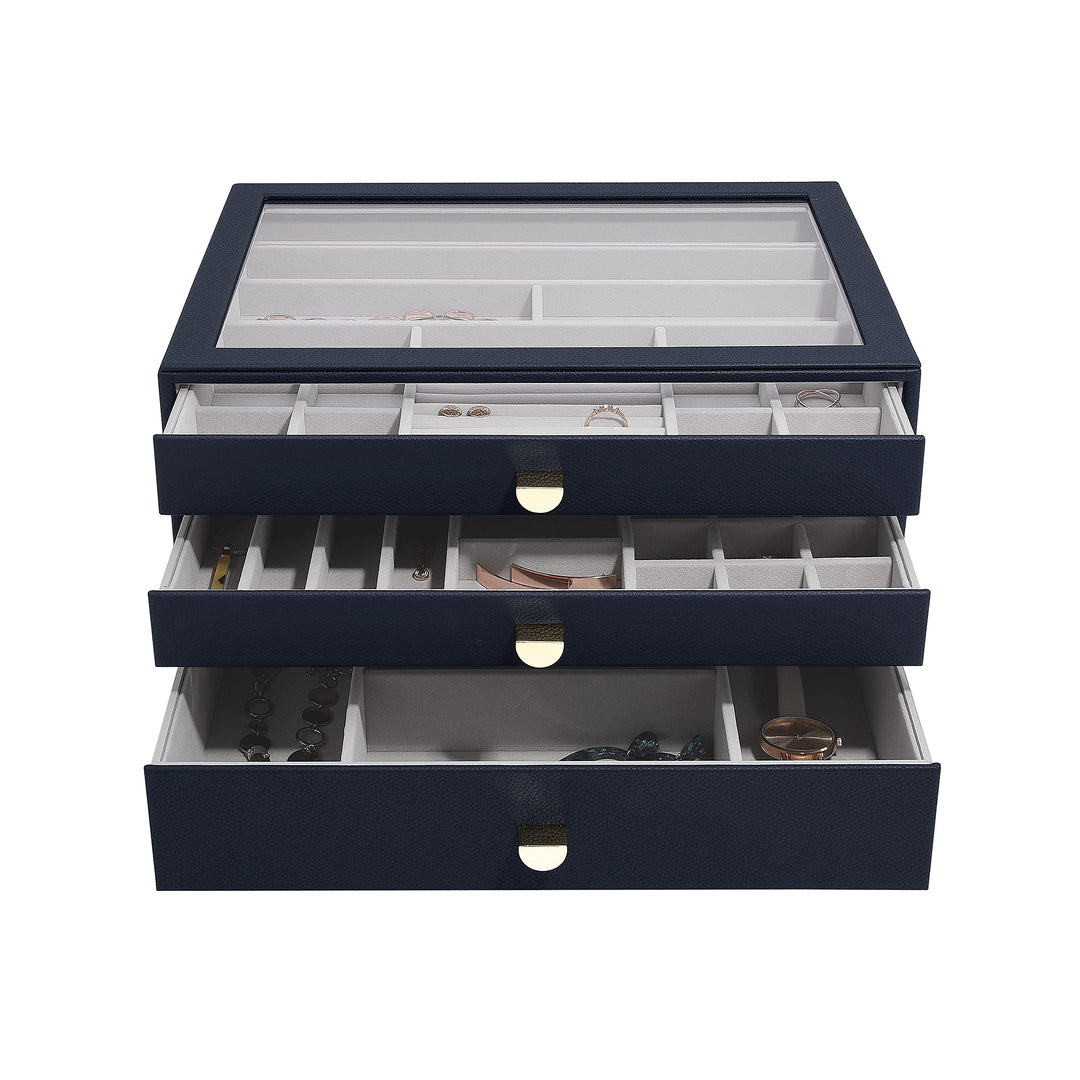 Stackers Navy Pebble Supersize Jewellery Box - Set of 3 (with Drawers), Navy