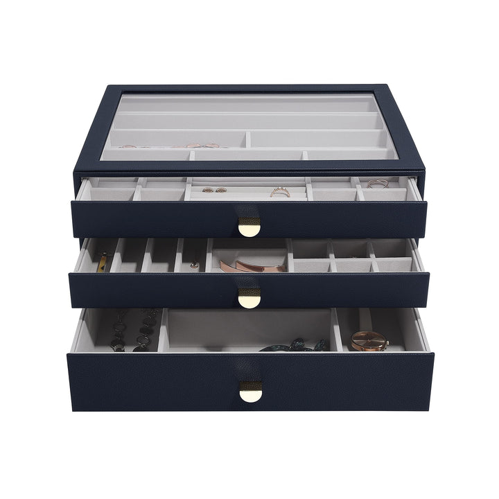 Stackers Navy Pebble Supersize Jewellery Box - Set of 3 (with Drawers), Navy